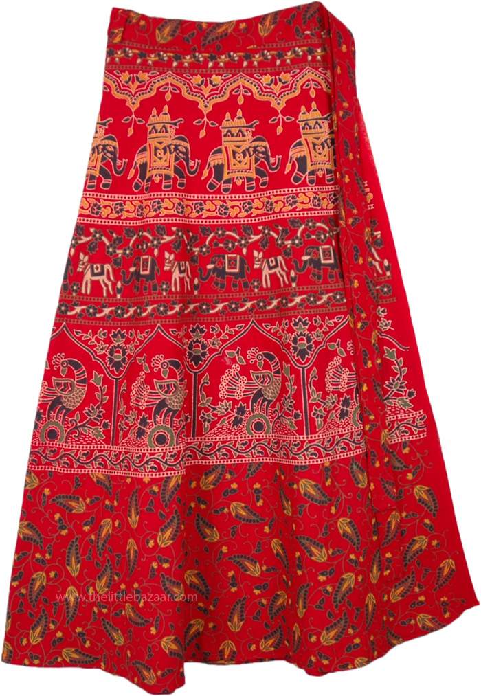 Red Wrap Skirt with Printed Traditional Motifs