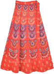 Ethnic Block Print Cotton Wrap Skirt in Orange Red