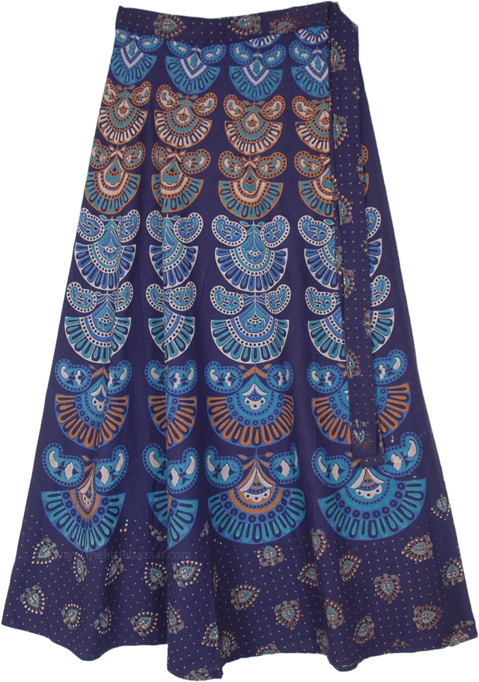Cotton Printed Blue Wrap Skirt Made in India, Navy Blue Ethnic Block Print Cotton Wrap Around Skirt