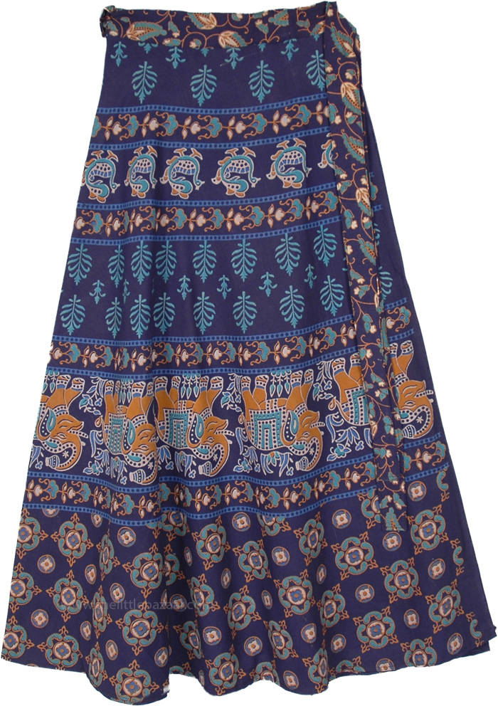 Ethnic Block Printed Wrap Skirt in Prussian Blue, Ethnic Animal Motif Printed Wrap Skirt