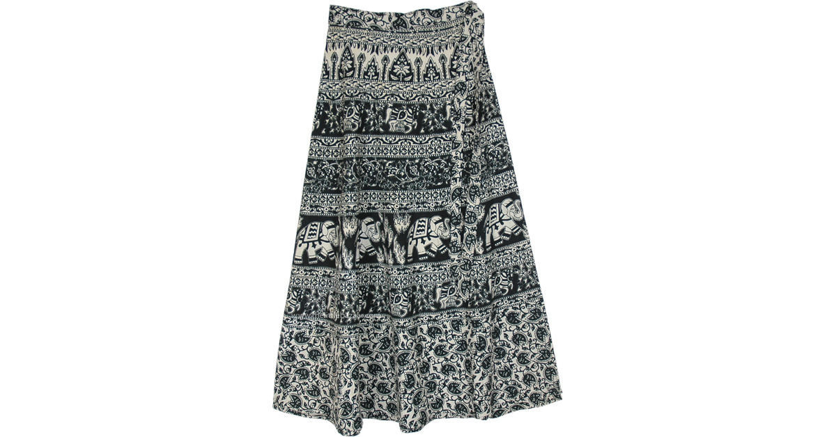 Ethnic Folk Tale Print Wrap Around Skirt in Black and White | Black ...