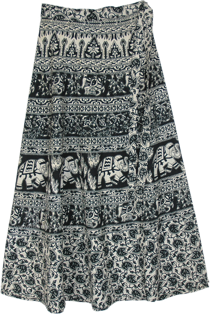 Ethnic Folk Tale Print Wrap Around Skirt in Black and White