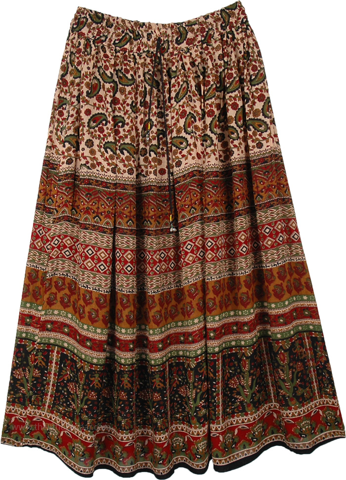 Brown Bagru Print Rayon Skirt with Paisley Print