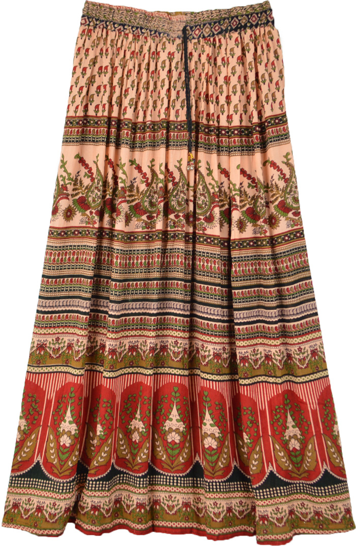 Folk Bagru Print Boho Skirt in Beige and Red, Tribal Print Floral Paisley Long Gypsy Skirt