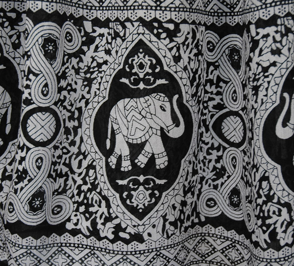 Black White Elephant Block Print Rayon Long Skirt