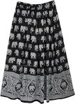 Black White Elephant Block Print Rayon Long Skirt