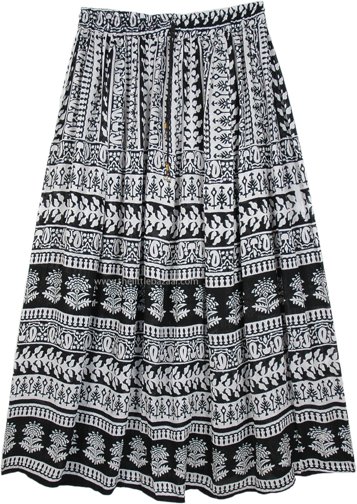 Black and White Maxi Skirt with Floral Print, Black and White Ethnic Tribal Printed Rayon Skirt