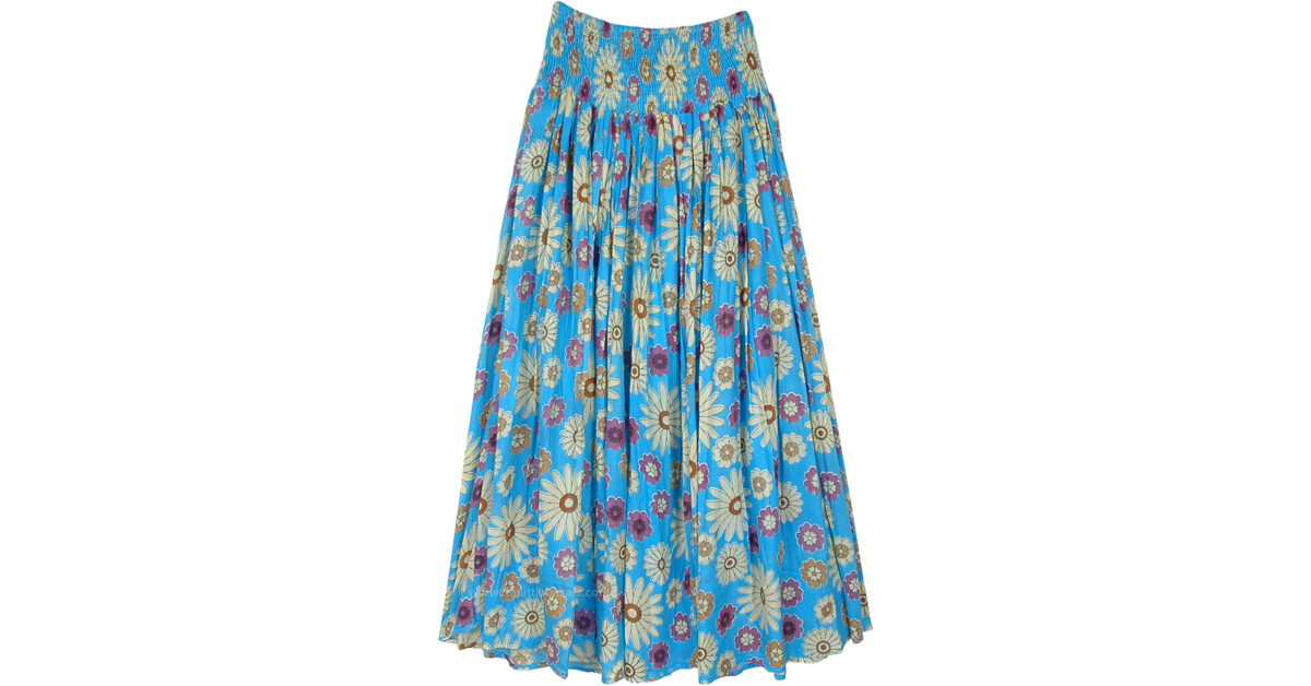 Flower Shower Cotton Voile Smocked Waist Skirt in Blue | Blue | Maxi ...