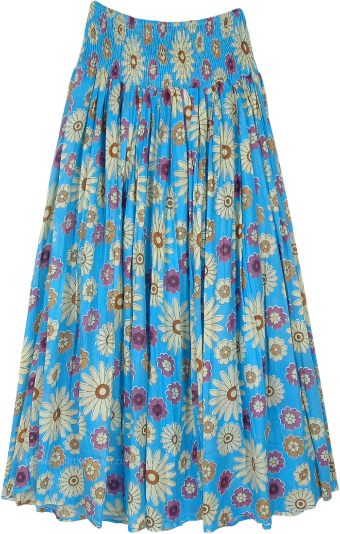 Bohemian Cotton Voile Flared Skirt with Smocked Waist, Flower Shower Cotton Voile Smocked Waist Skirt in Blue