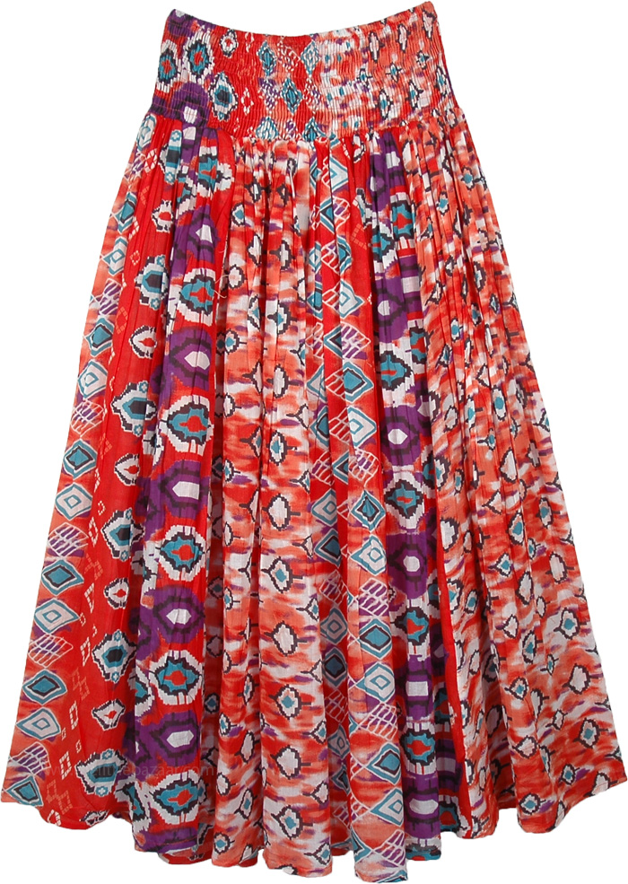 Bulgarian Red Cotton Voile Skirt with Smocked Waist