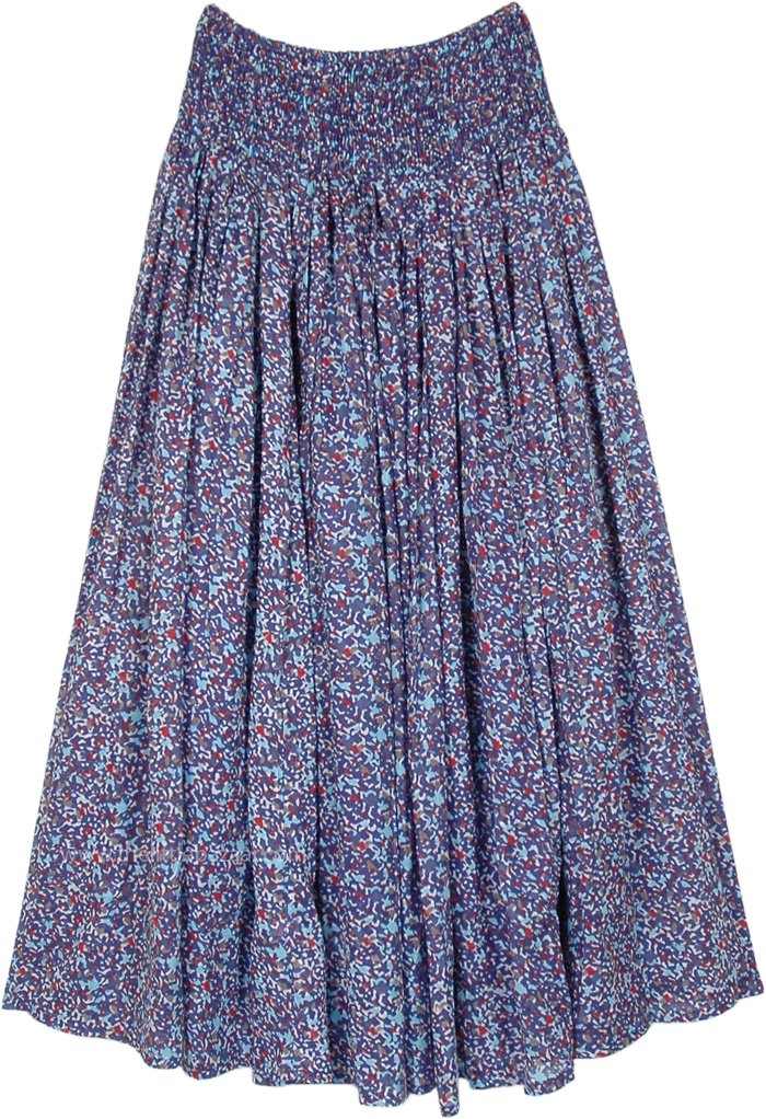 Bohemian Skirt with Gathers and Smock Waist, Dense Blue Printed Cotton Voile Skirt with Smocked Waist