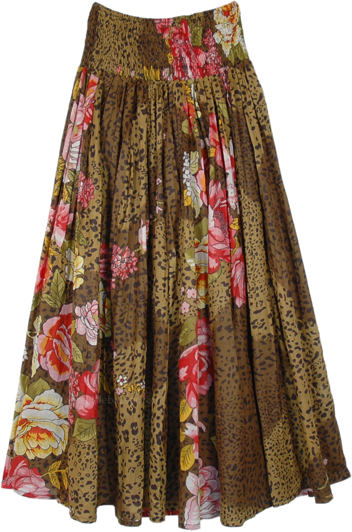 Flared Skirt with Floral Print in Pink and Brown, Floral and Animal Printed Long Cotton Summer Skirt