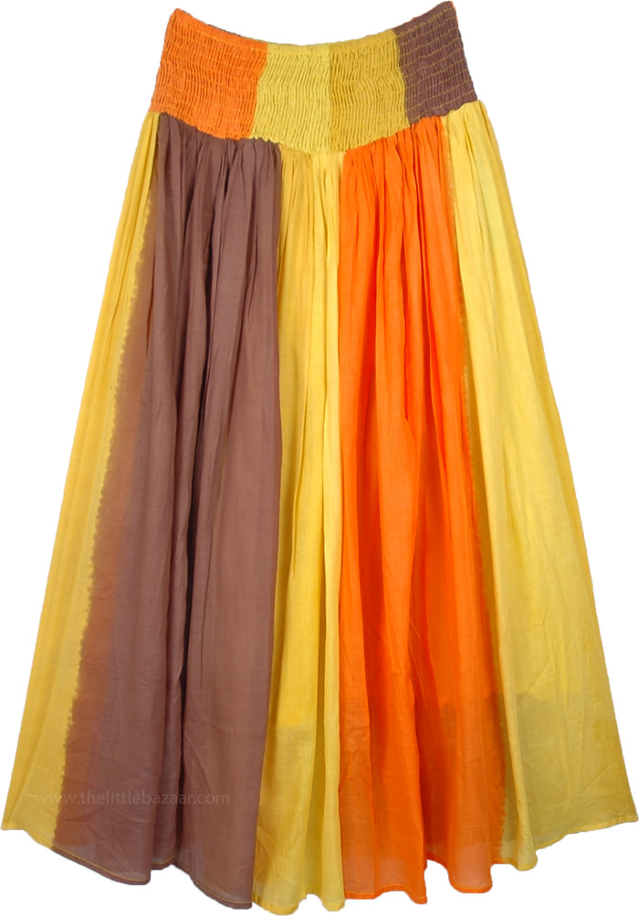 Solid Yellow Orange and Brown Skirt with Gathers and Smock Waist, Golden Sand Cotton Voile Skirt with Smocked Waist