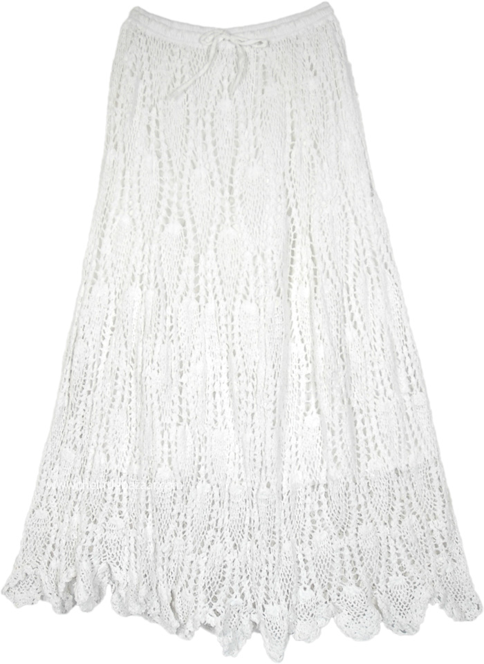 All Crochet Pattern Cotton Long Skirt in Milky White