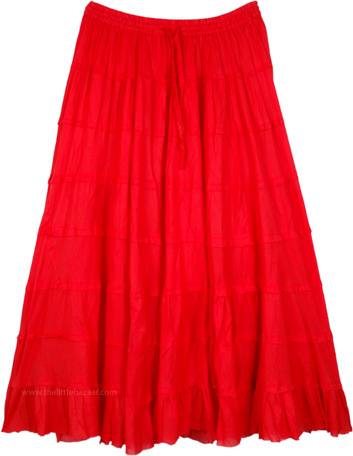 Rakish Red Tiered Cotton Long Skirt