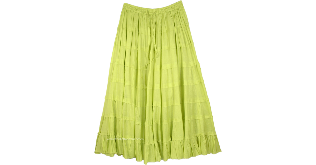 Lime Green Long Tiered Full Cotton Skirt Green XLPlus, Misses