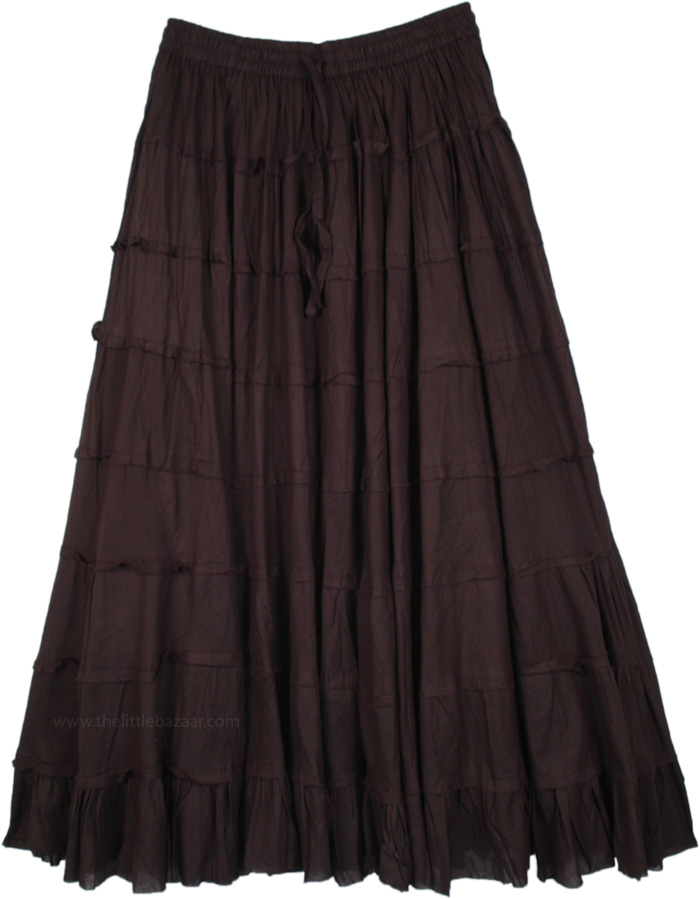 Tiered Full Circle Skirt in Black, Black Cotton Long Tiered Full Long Skirt