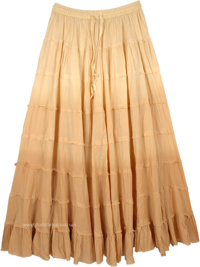 Beige Ombre 8 Tiers Cotton Long Skirt, Beige