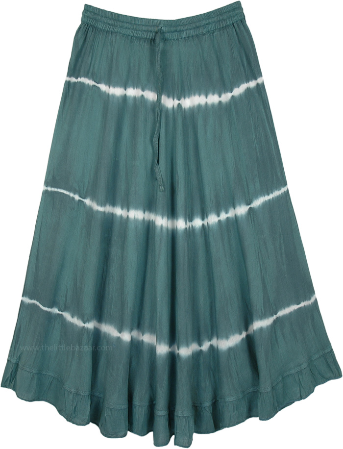 Everyday Rayon Mid Length Skirt in Hunter Green, Hunter Green Acid Wash Tie Dye Skirt in Rayon