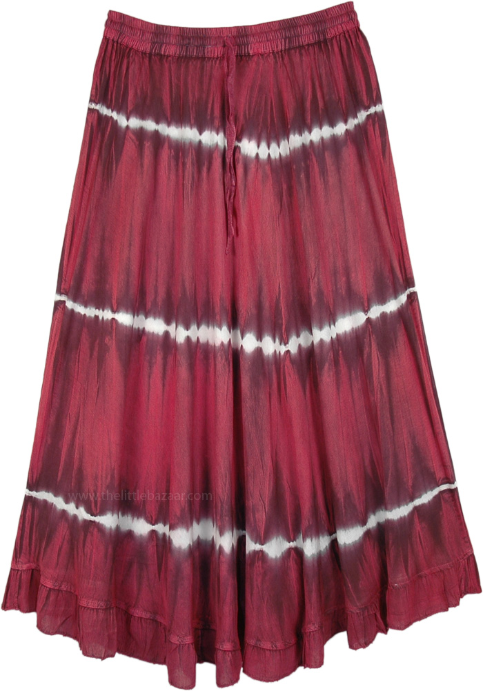 Crimson Red Acid Wash Tie Dye Skirt in Rayon