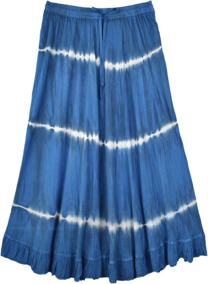 Everyday Rayon Mid Length Skirt in Royal Blue, Royal Blue Tie Dye Skirt in Rayon with Acid Wash