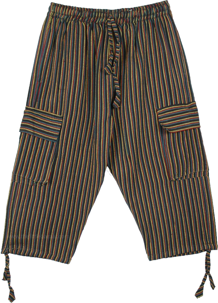 Lounge Capri Pants in Striped Cotton Fabric, Cotton Striped Boho Capri Pants with Cargo Pockets