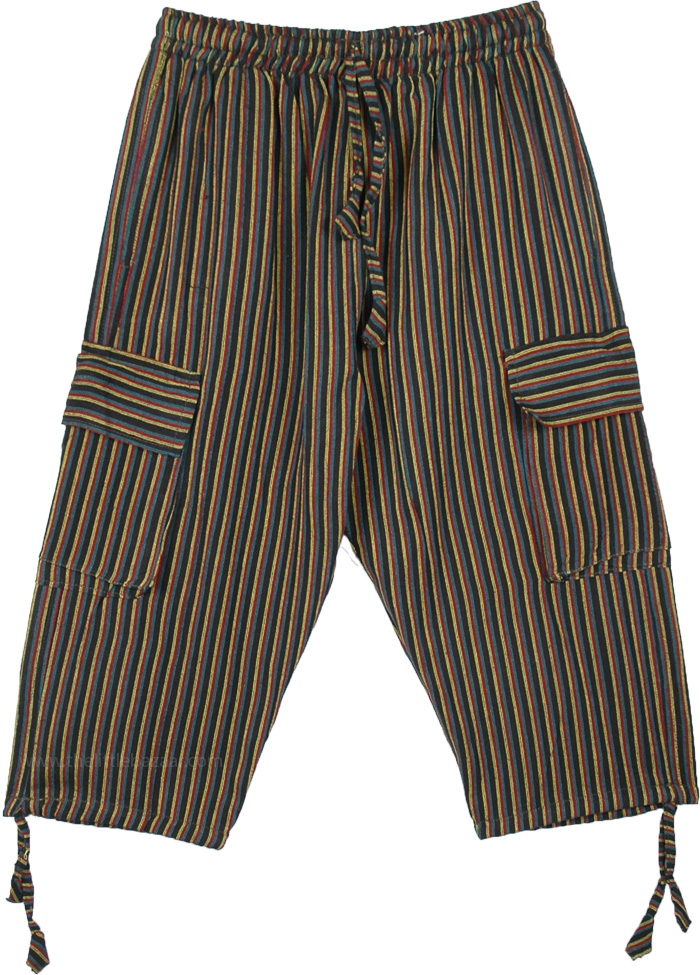 Cotton Striped Boho Capri Pants with Cargo Pockets, Blue