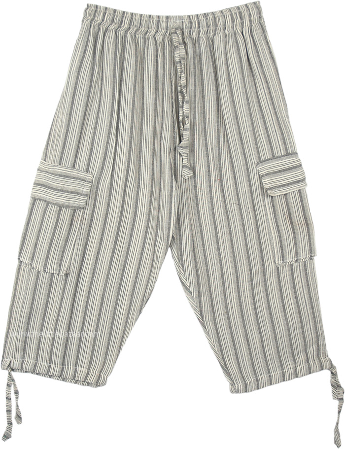 Gray Smoke Boho Striped Capri Trousers with Pockets