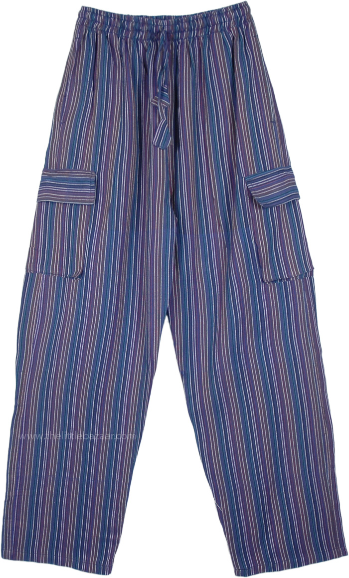 Cobalt Striped Cotton Unisex Boho Trousers with Pockets