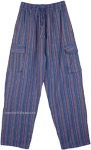 Cobalt Striped Cotton Unisex Boho Trousers with Pockets
