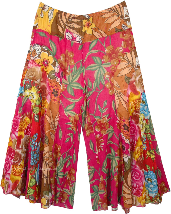 Magenta Blossoming Flowers Flared Cotton Pants | Multicoloured | Split ...