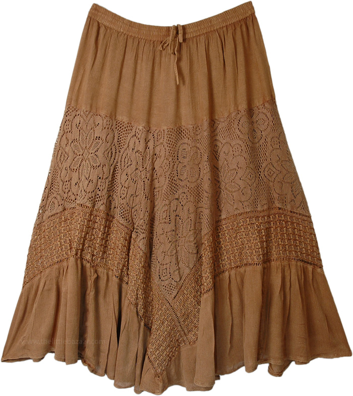 Sandstone Brown Color Long Skirt with Full Flare and Lace Tier, Latte Brown Western Skirt with Lace Work Tiers