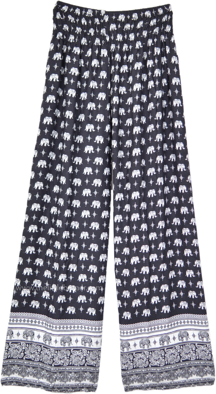 Black Palazzo Beach Pants Elephant Print Smocked Waist | Black | Split ...