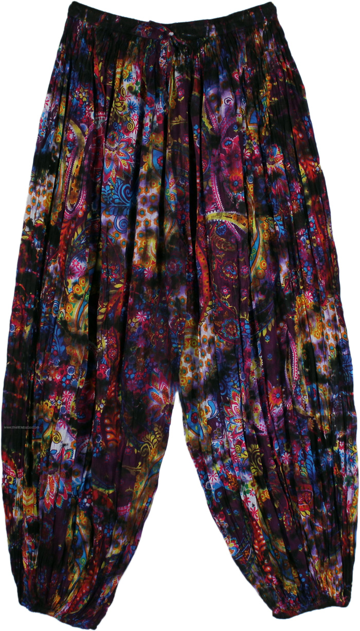 Purple Tie Dye Floral Print Crinkled Harem Pants