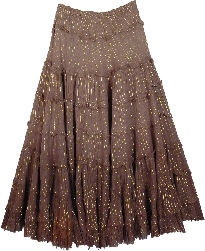 Boho Mid Length Skirt in Brown Ombre with Gold Thread, Ombre Brown Lurex Tiered Skirt with Golden Thread
