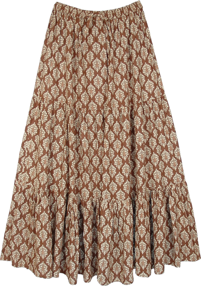 Bohemian Cotton Brown Floor Length Skirt with White Floral - Clothing ...