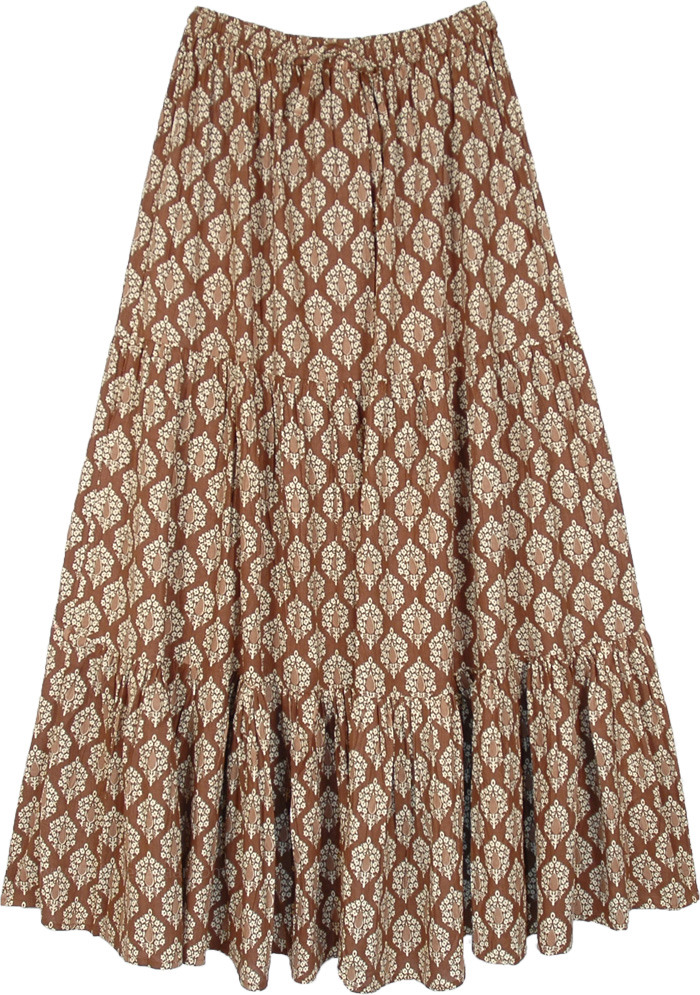 Bohemian Cotton Brown Floor Length Skirt with White Floral, Nutmeg Floral Printed Maxi Floor Length Cotton Skirt