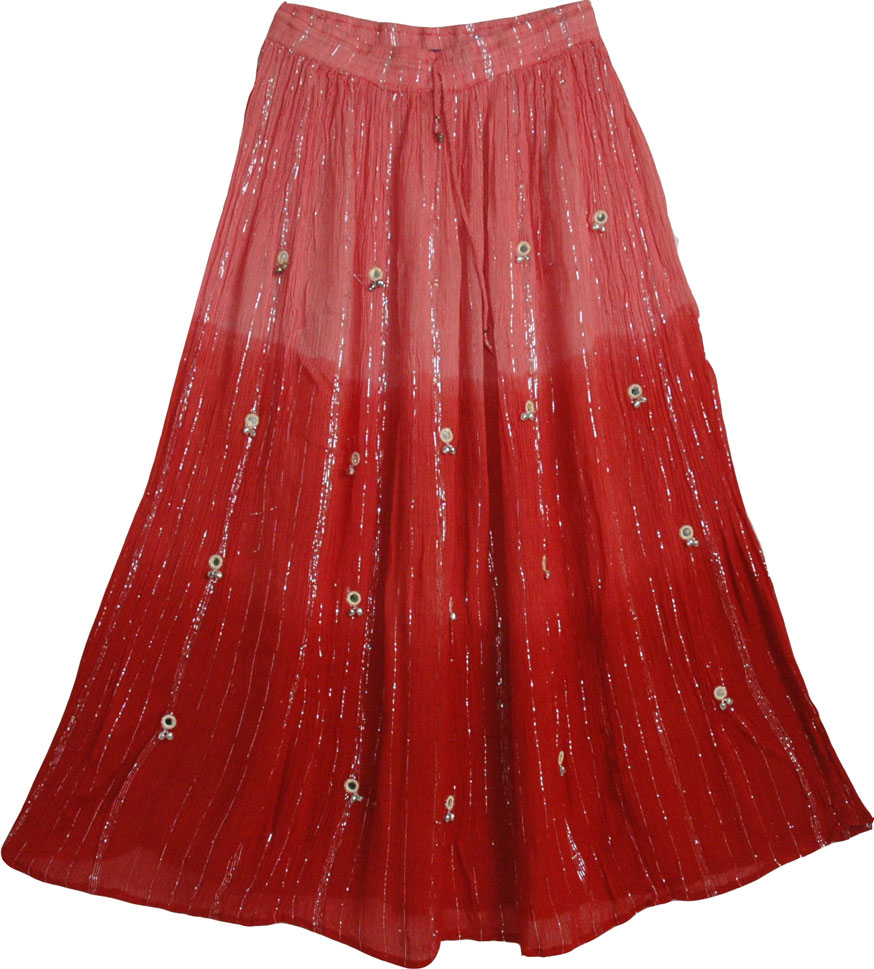 Pink Red Long Skirt with Mirrors