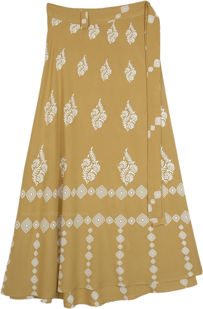 Deep Mustard Block Printed Rayon Wrap Skirt