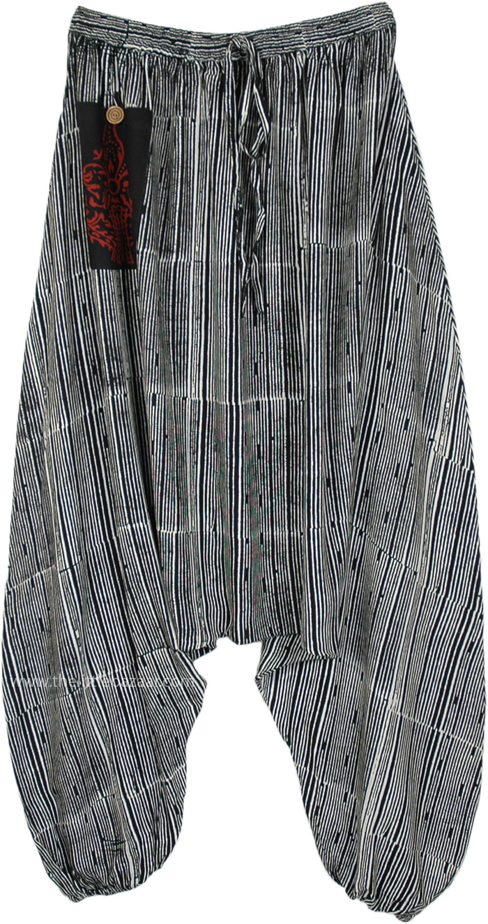 Black White Striped Harem Baggy Pants with Front Pocket
