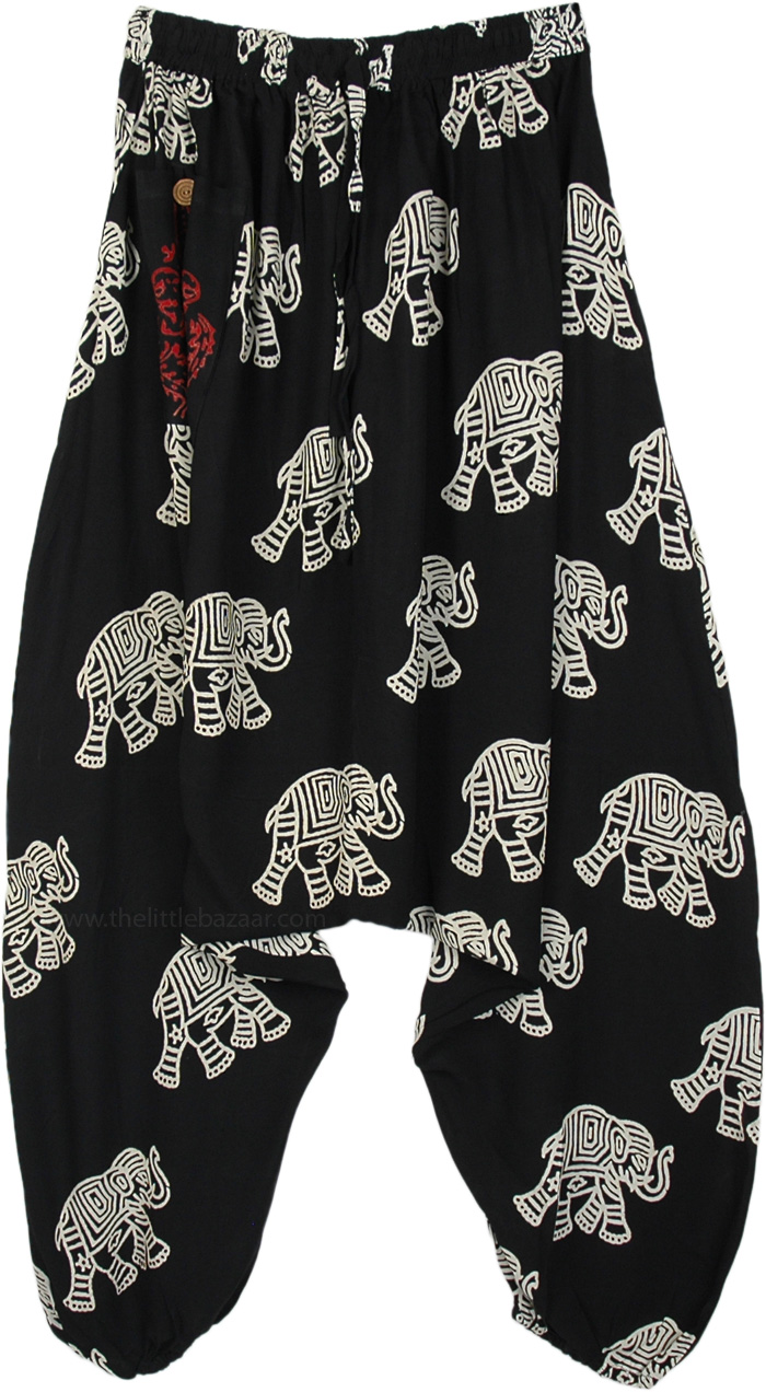 Elephant Print Hippie Unisex Harem Pants in Black, Elephant Print Unisex Harem Black Pants with Front Pocket
