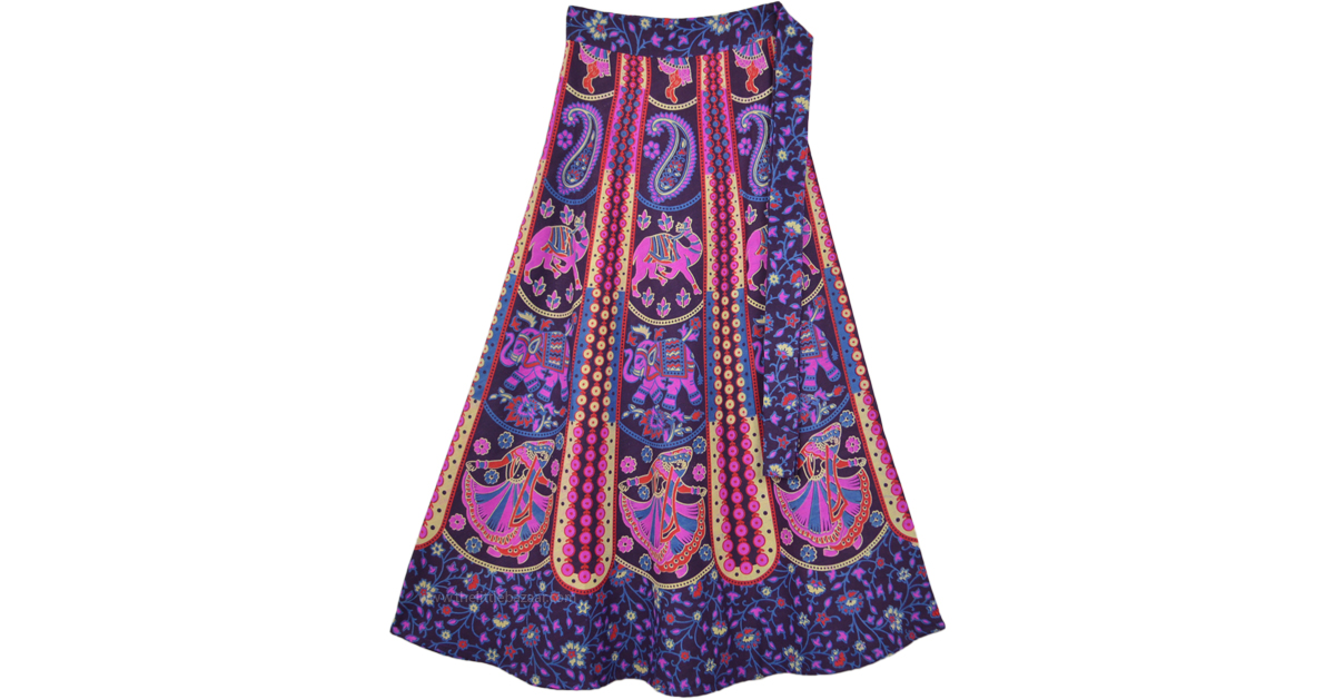 Traditional Printed Vibrant Cotton Wrap Midi Skirt | Purple | Wrap ...