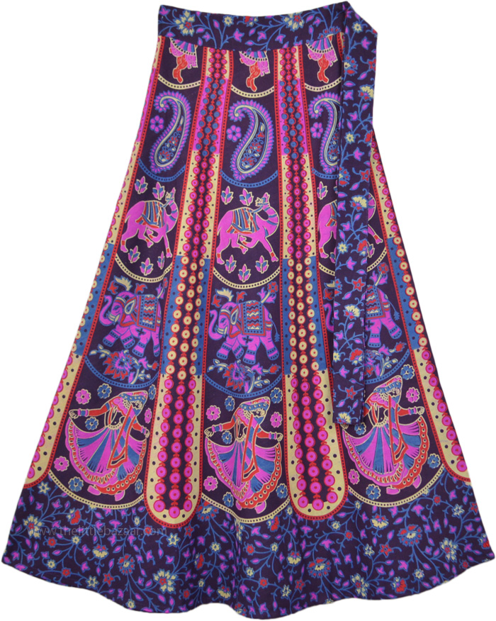 Traditional Printed Vibrant Cotton Wrap Midi Skirt