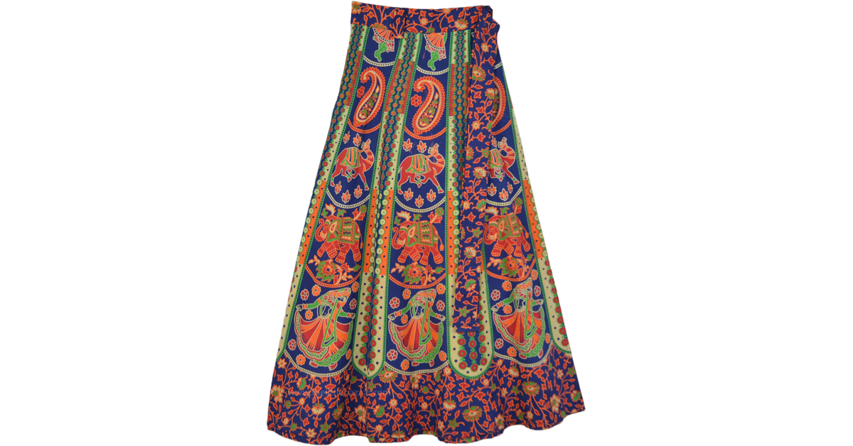 Traditional Printed Midi Length Cotton Wrap Skirt | Orange | Wrap ...