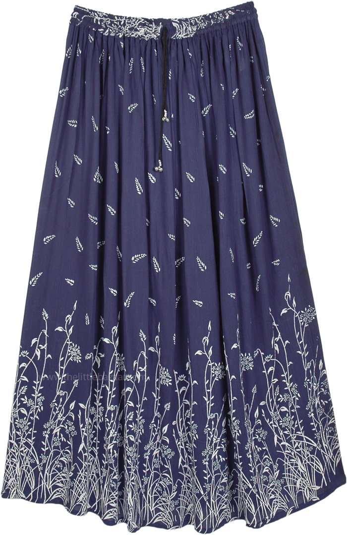 East Bay Blue Leaf Printed Rayon Long Skirt