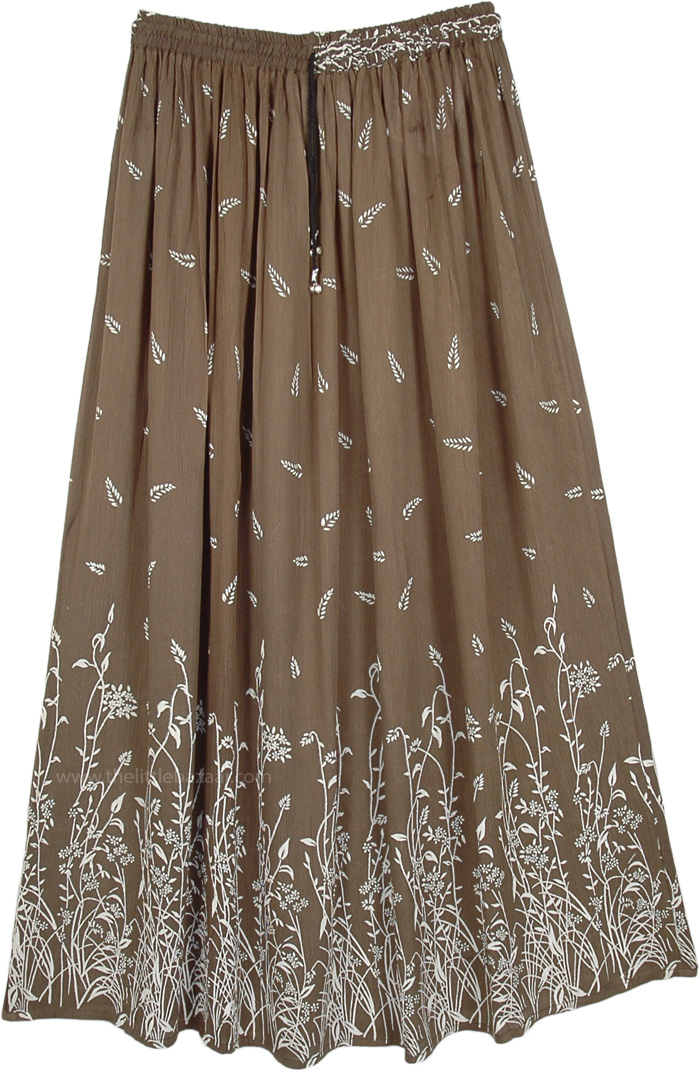 Printed Leaf Rayon Crepe Long Skirt in Olive Green