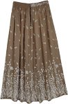 Printed Leaf Rayon Crepe Long Skirt in Olive Green