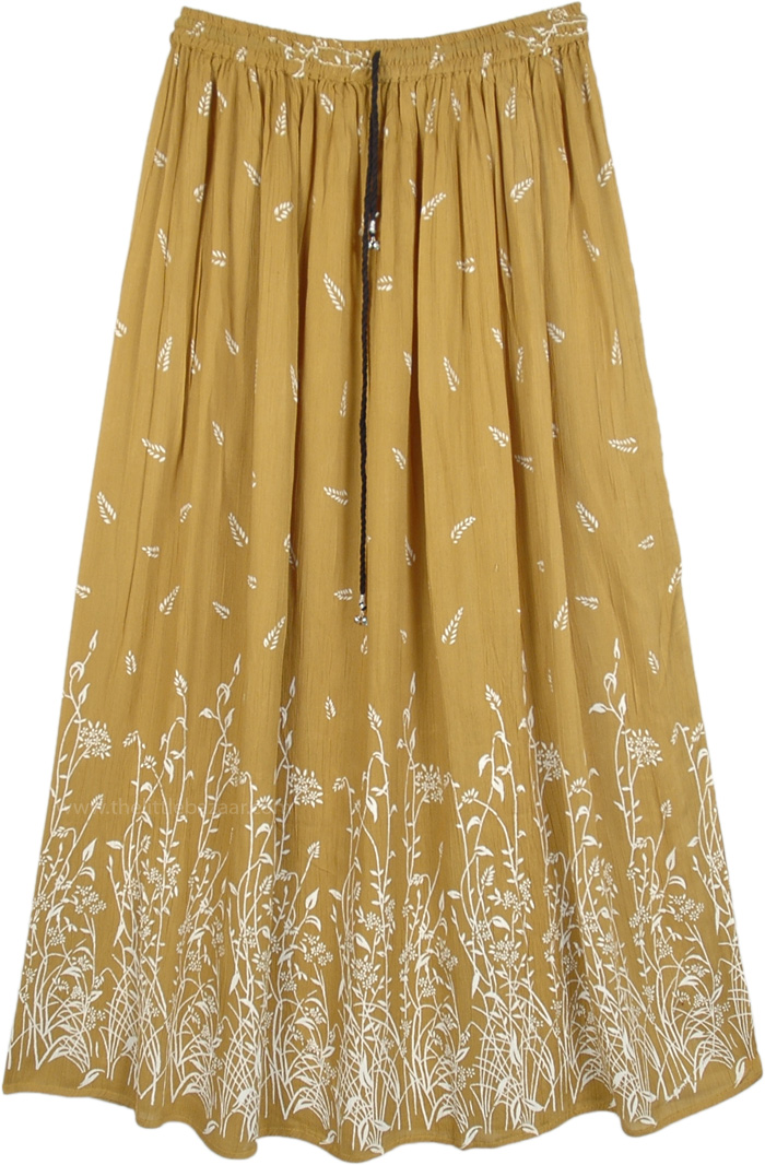 Long Maxi Gold Yellow Skirt with Leaf Print in White, Sundance Floral Printed Rayon Crepe Maxi Long Skirt