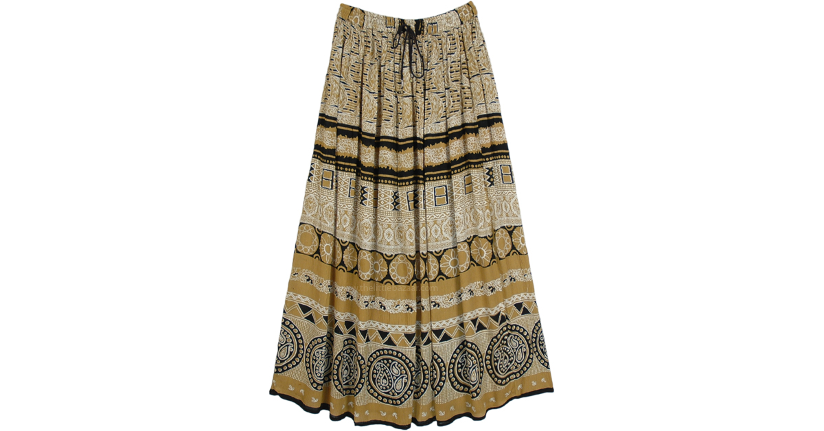 Spiked Mustard Tribal Print Long Boho Skirt