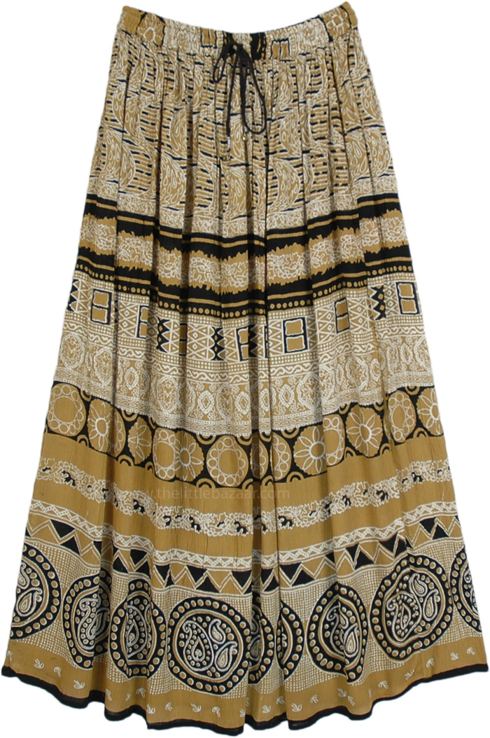 Deep Yellow and Black Long Skirt in Rayon with Tribal Print, Spiked Mustard Tribal Print Long Boho Skirt